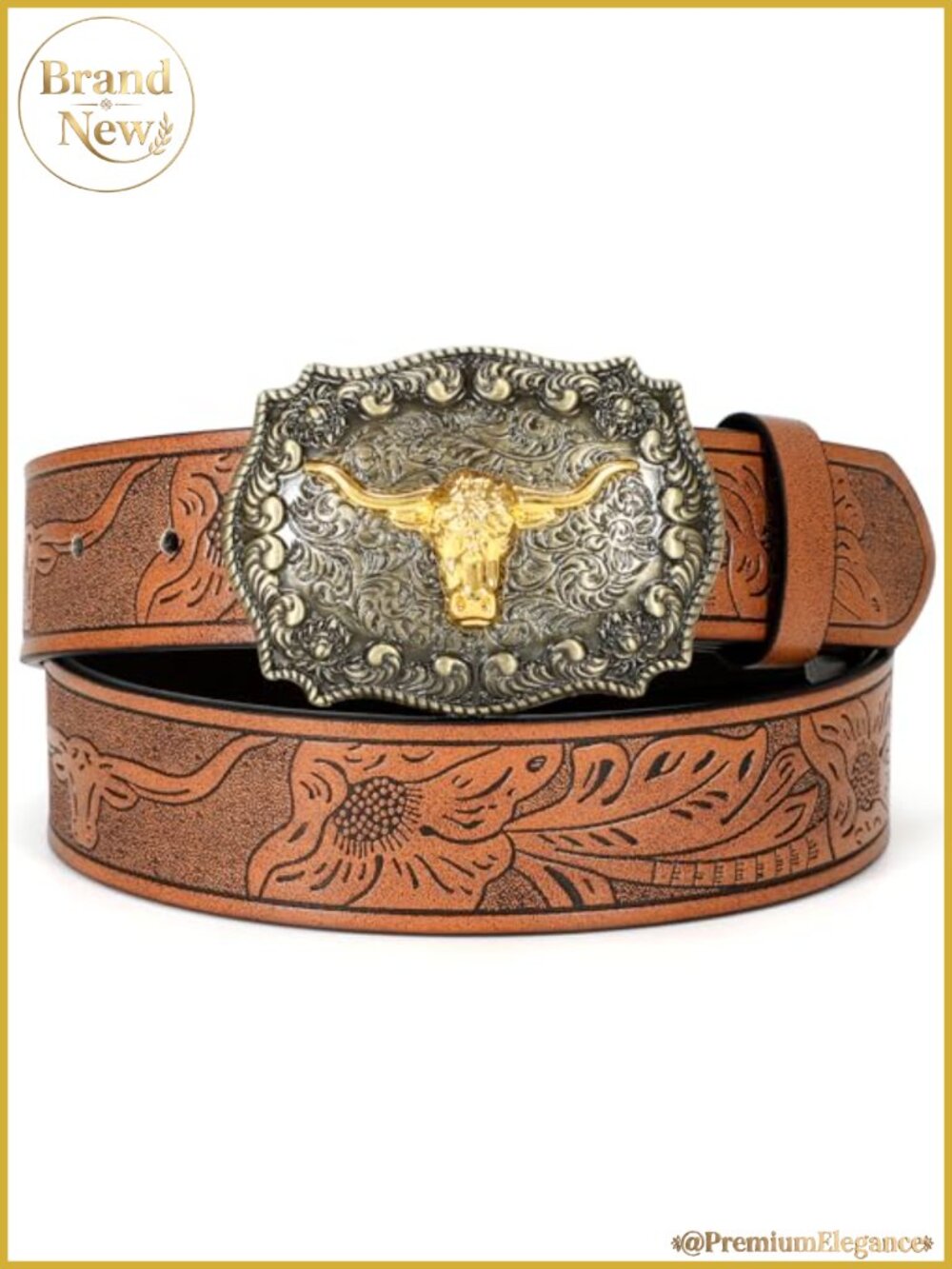 Western Belt Faux Leather Longhorn Buckle Removable Embossed
